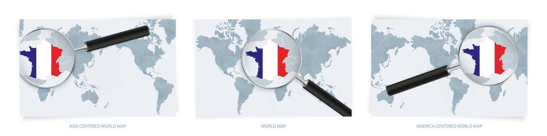 Blue Abstract World Maps with magnifying glass on map of France with the national flag of France. Three version of World Map. vector