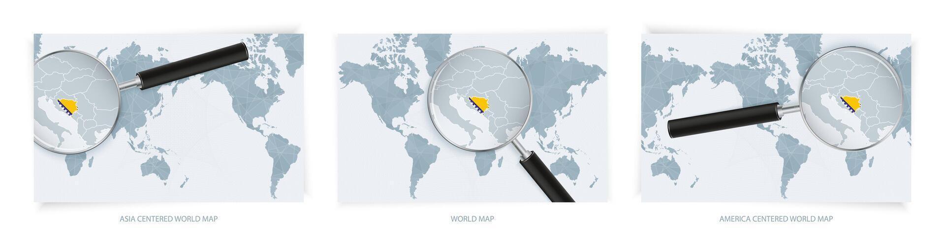 Blue Abstract World Maps with magnifying glass on map of Bosnia and Herzegovina with the national flag of Bosnia and Herzegovina. Three version of World Map. vector