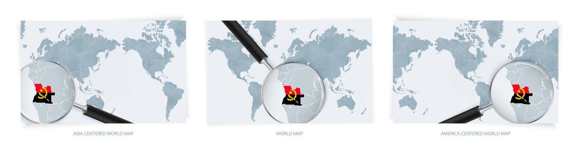 Blue Abstract World Maps with magnifying glass on map of Angola with the national flag of Angola. Three version of World Map. vector