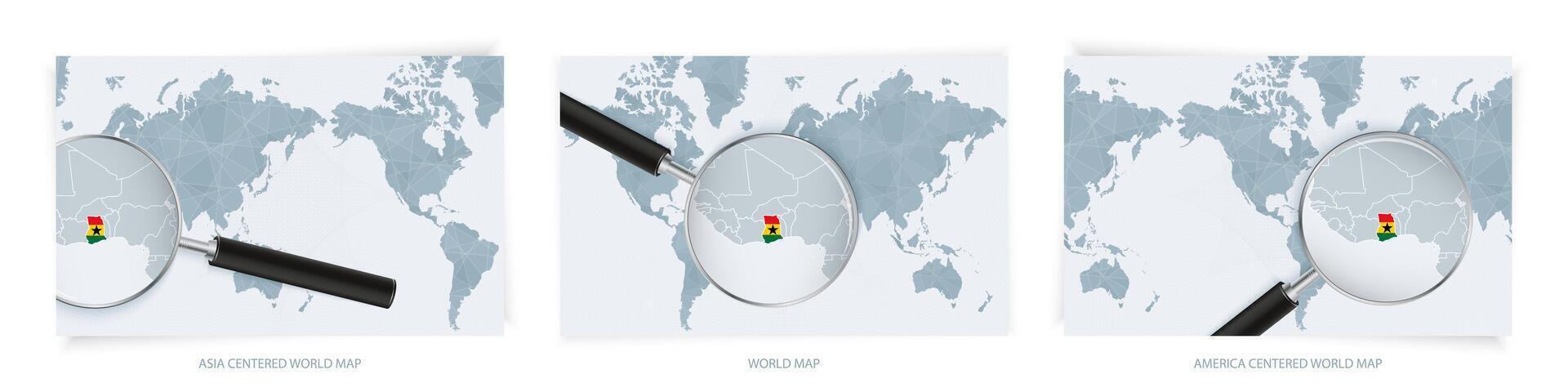 Blue Abstract World Maps with magnifying glass on map of Ghana with the national flag of Ghana. Three version of World Map. vector