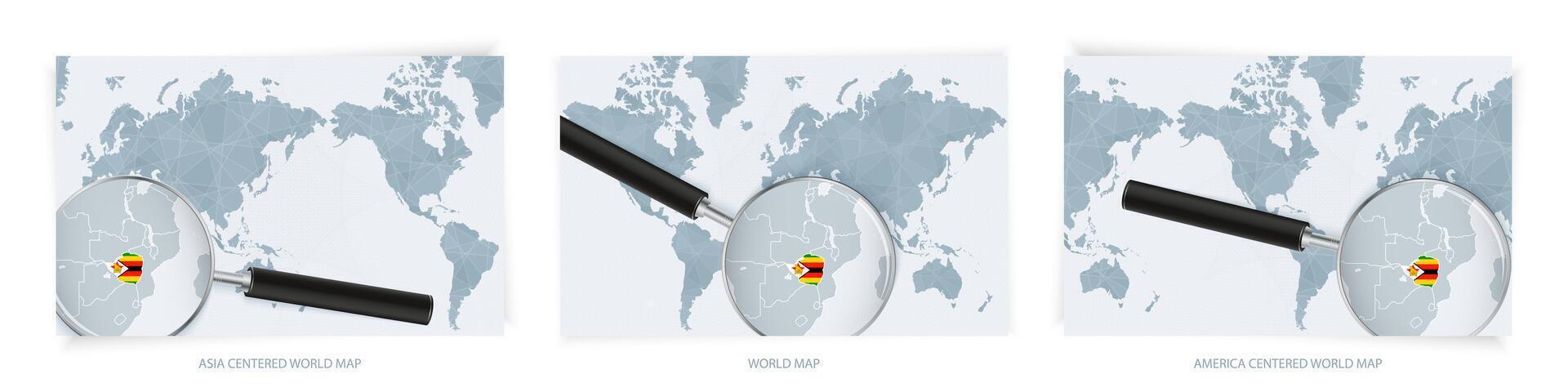 Blue Abstract World Maps with magnifying glass on map of Zimbabwe with the national flag of Zimbabwe. Three version of World Map. vector