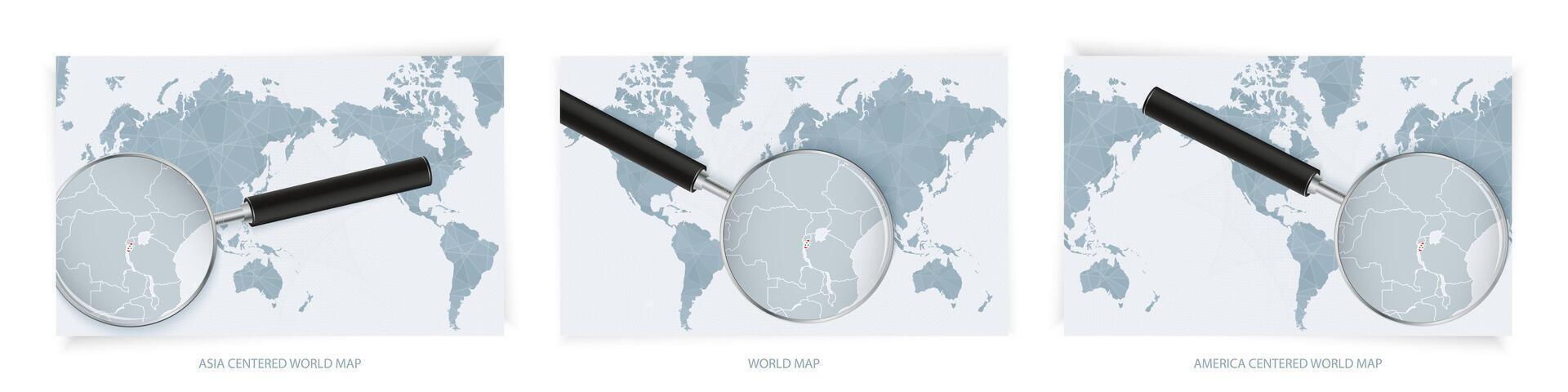 Blue Abstract World Maps with magnifying glass on map of Burundi with the national flag of Burundi. Three version of World Map. vector