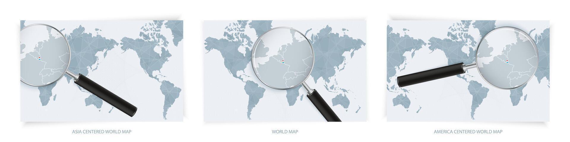 Blue Abstract World Maps with magnifying glass on map of Luxembourg with the national flag of Luxembourg. Three version of World Map. vector