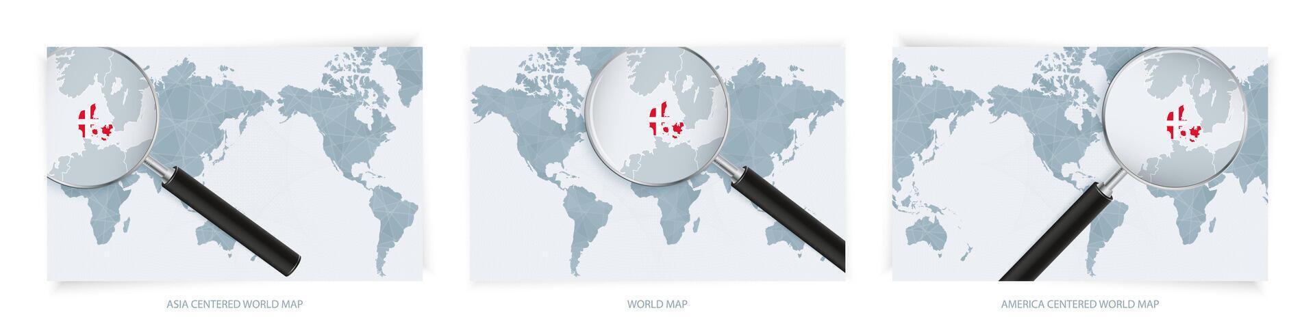 Blue Abstract World Maps with magnifying glass on map of Denmark with the national flag of Denmark. Three version of World Map. vector