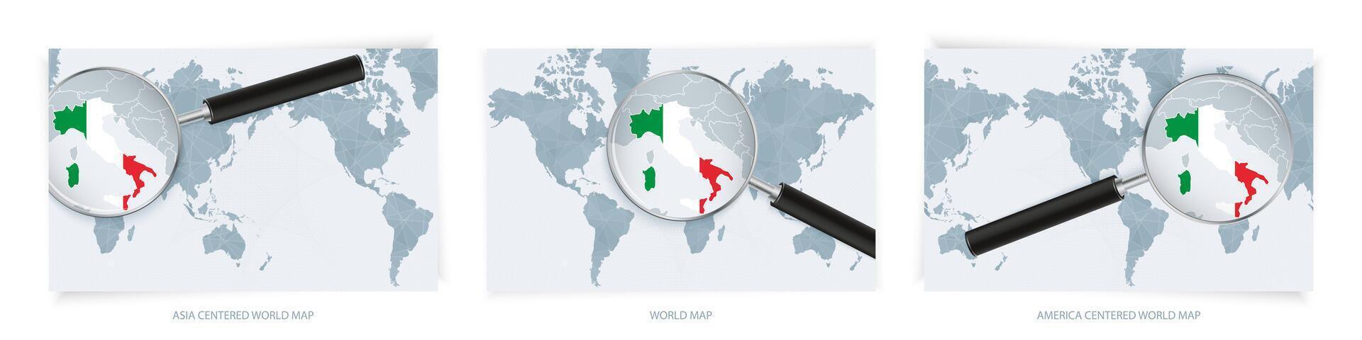 Blue Abstract World Maps with magnifying glass on map of Italy with the national flag of Italy. Three version of World Map. vector