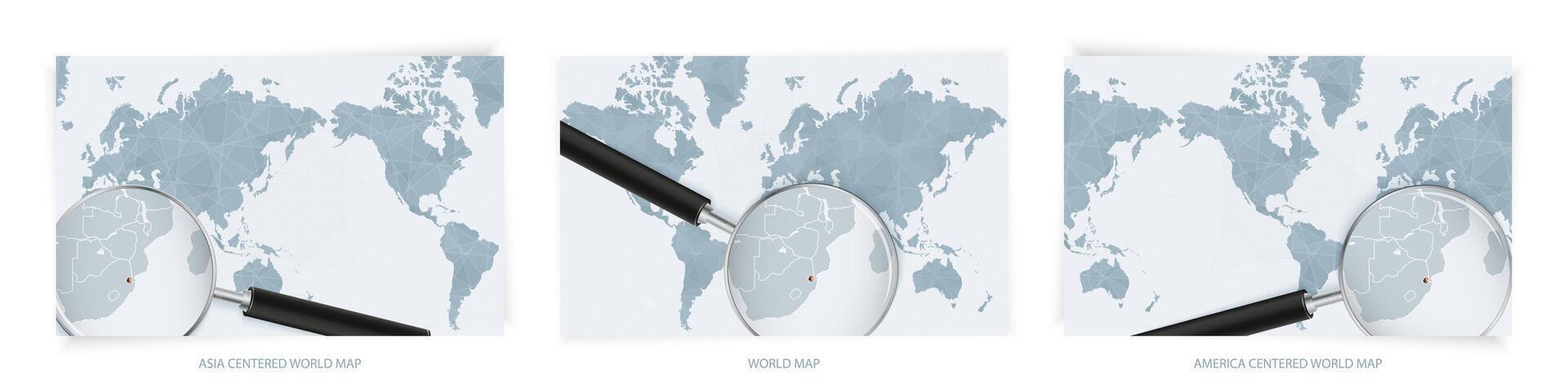 Blue Abstract World Maps with magnifying glass on map of Swaziland with the national flag of Swaziland. Three version of World Map. vector