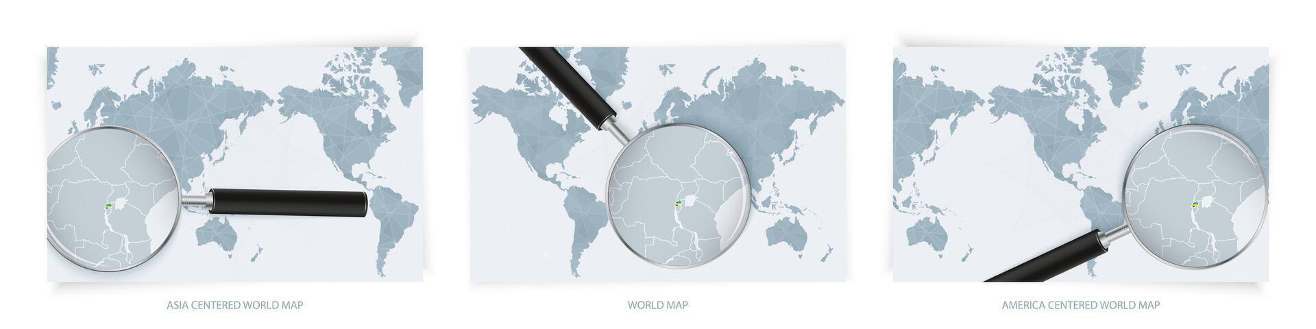 Blue Abstract World Maps with magnifying glass on map of Rwanda with the national flag of Rwanda. Three version of World Map. vector
