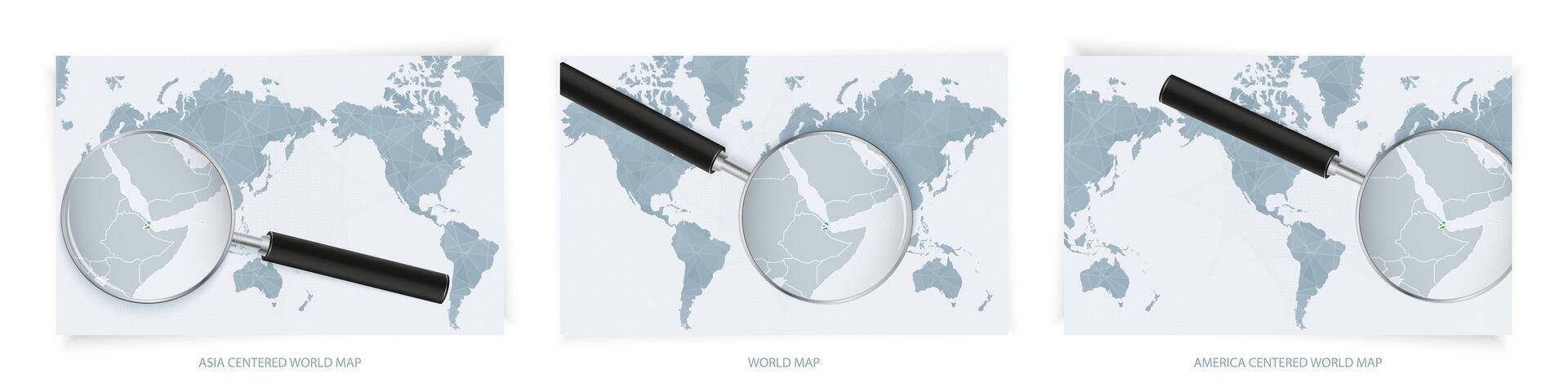 Blue Abstract World Maps with magnifying glass on map of Djibouti with the national flag of Djibouti. Three version of World Map. vector