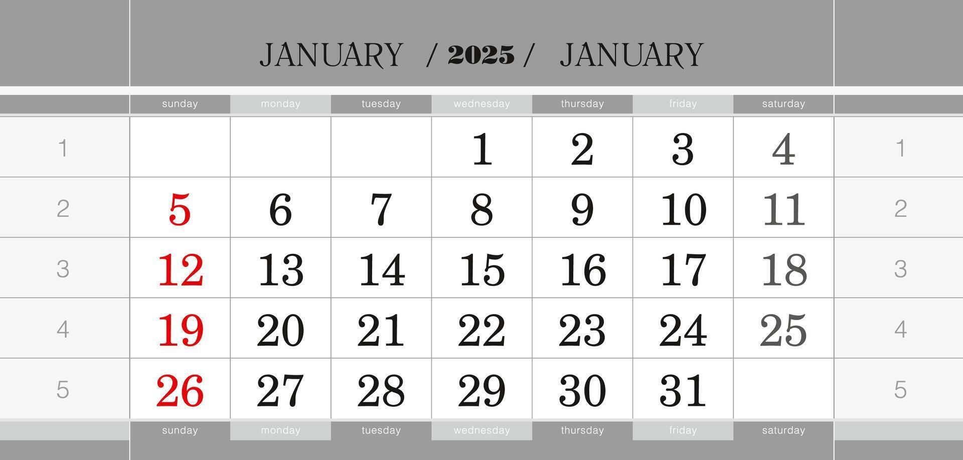 January 2025 quarterly calendar block. Wall calendar in English, week starts from Sunday. vector