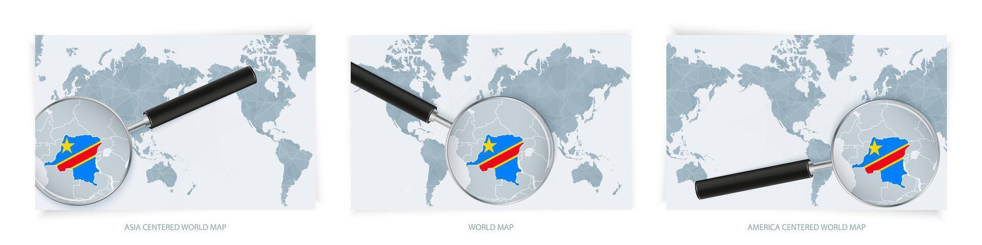 Blue Abstract World Maps with magnifying glass on map of DR Congo with the national flag of DR Congo. Three version of World Map. vector