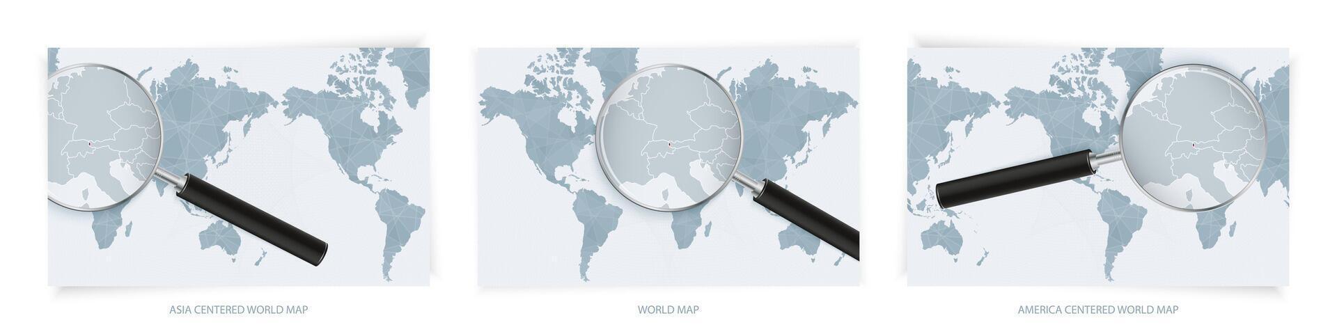 Blue Abstract World Maps with magnifying glass on map of Liechtenstein with the national flag of Liechtenstein. Three version of World Map. vector