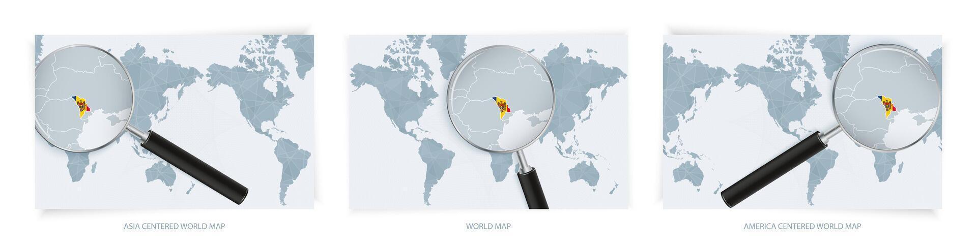 Blue Abstract World Maps with magnifying glass on map of Moldova with the national flag of Moldova. Three version of World Map. vector