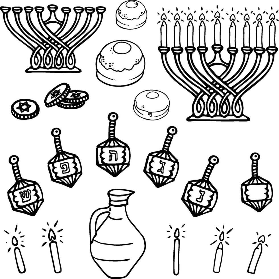 Hanukkah Doodle Black Clipart Set, Hand-Drawn Symbol Design Illustration. Traditional Symbols vector