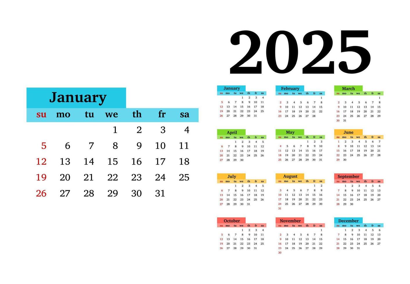 Calendar for 2025 isolated on a white background vector