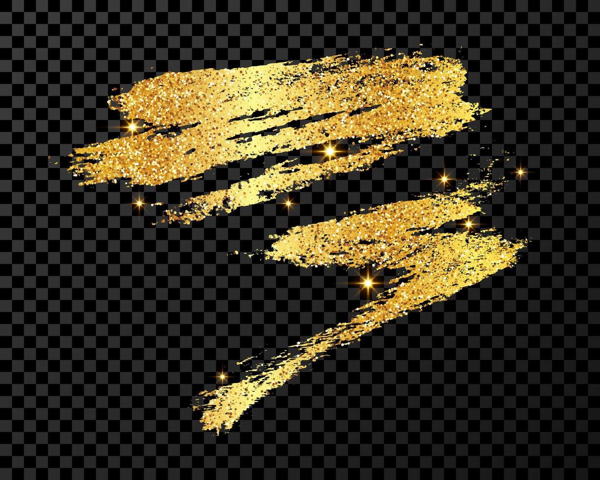 Gold glitter brush stroke. Hand drawn ink spot isolated on dark background. illustration vector