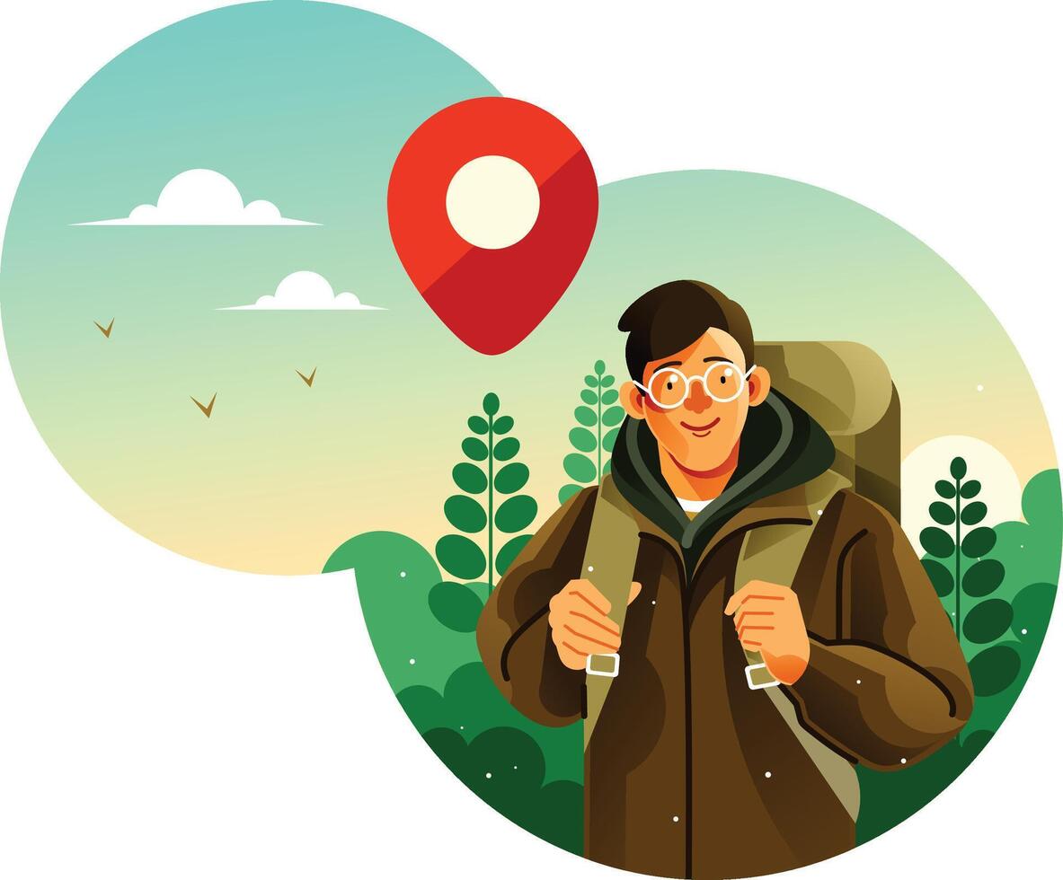 Man with camping backpack takes a trip to forest vector
