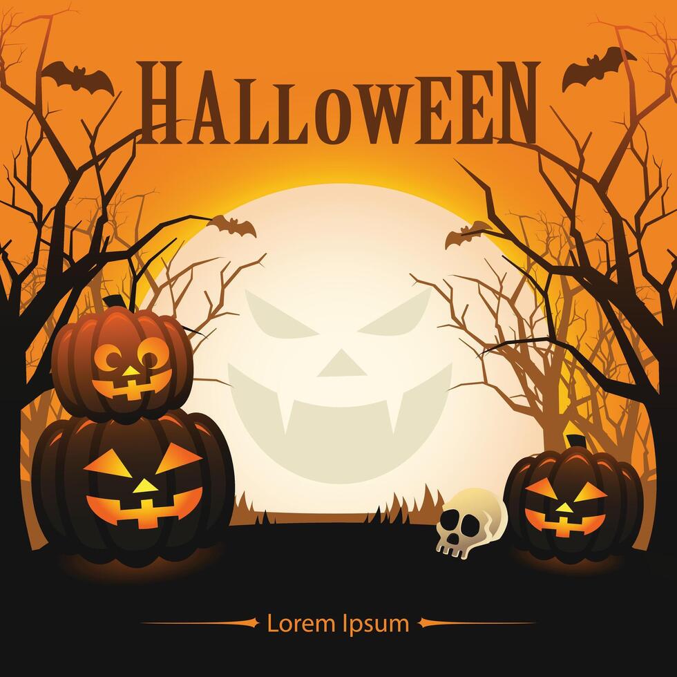 Halloween poster design illustration with tree jack o lantern pumpkin in variety expression of smiling angry happy in scary forest with bat and shining moon in the background vector