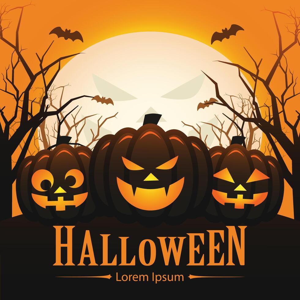 Halloween poster design illustration 0with tree jack o lantern pumpkin in variety expression of smiling angry happy in scary forest with bat and shining moon in the background vector