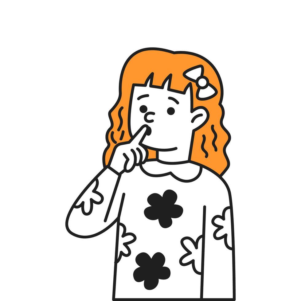 Thoughtful girl with finger on lips color line icon. Confused redhead child thinks about problem character doodle illustration on white vector