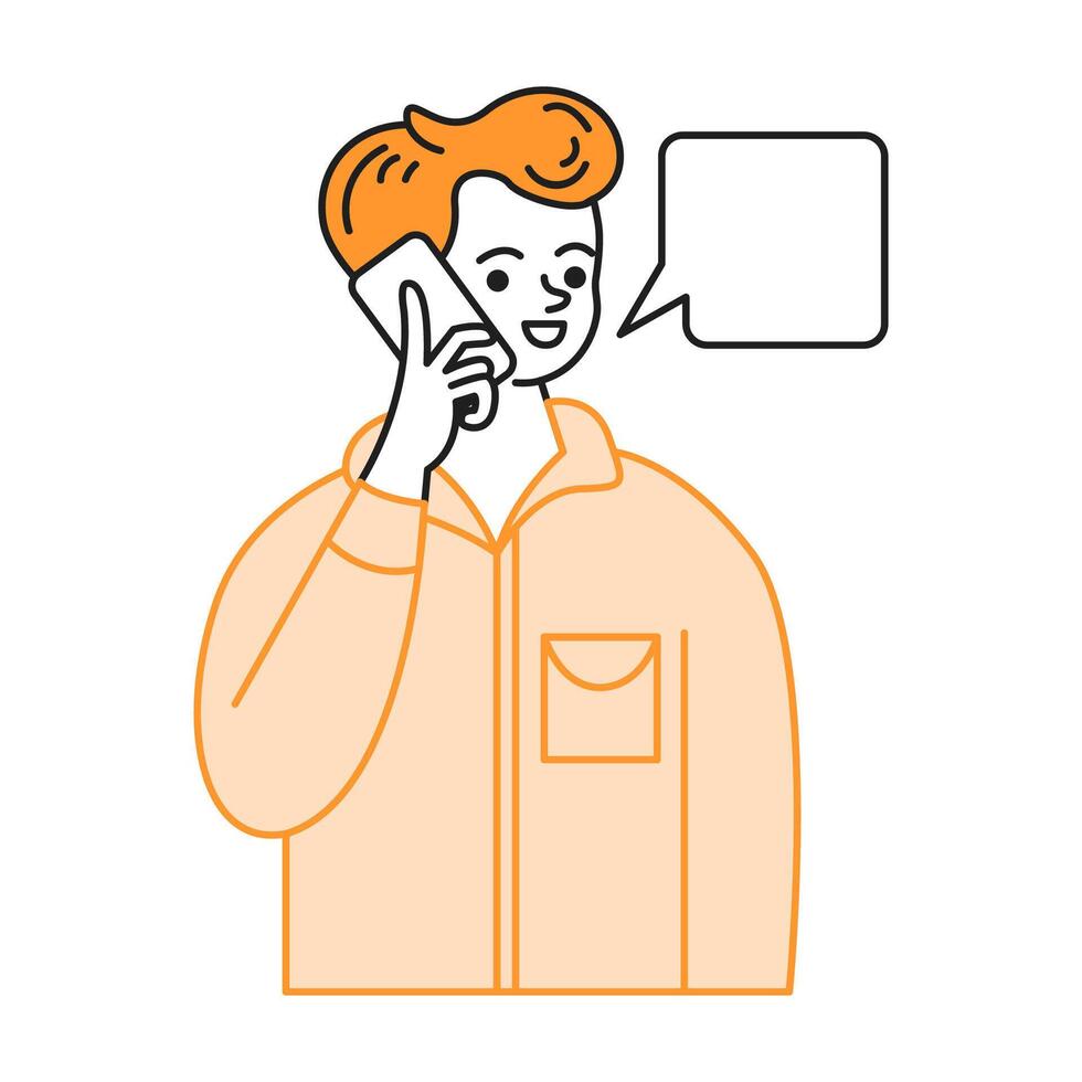 Young man talking on phone with speech bubble color line icon. Happy redhead guy enjoying conversation character illustration on white vector