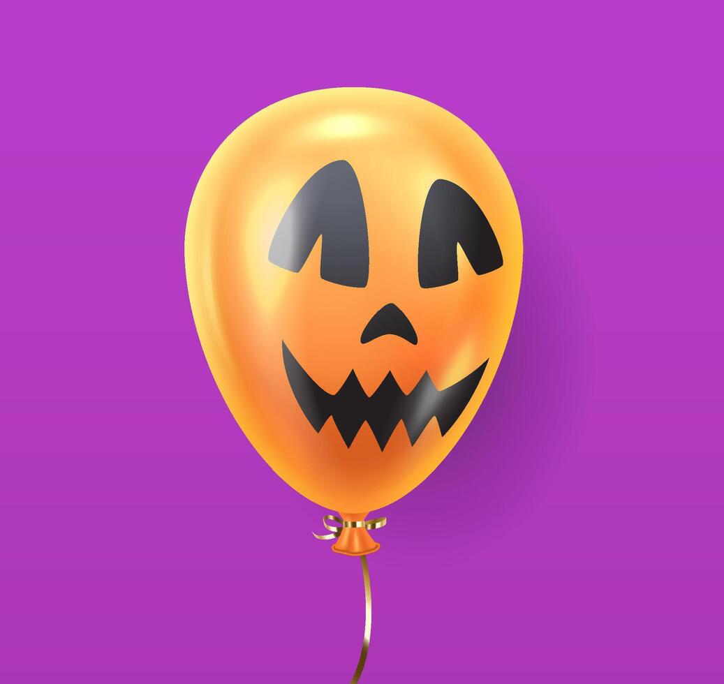 Orange balloon with black scary face realistic illustration. Inflatable carved pumpkin head 3d object image on purple background vector