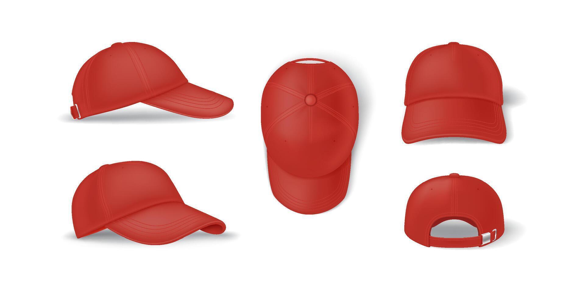 Casual red baseball cap mockup template realistic illustration set. Head clothing with brand template 3d models on white background vector