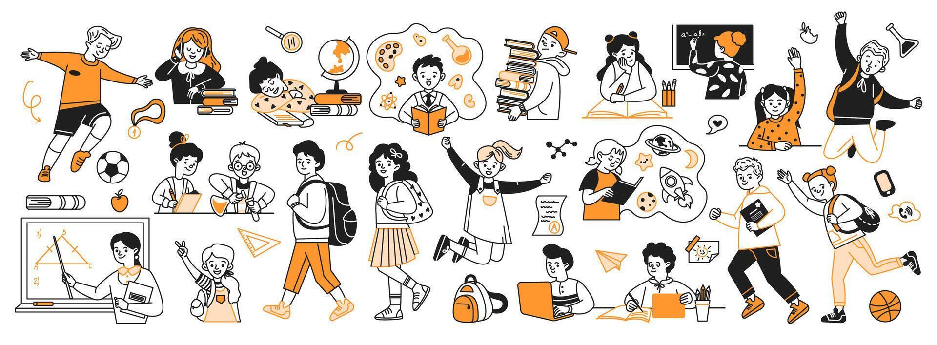Students and teachers with supplies doodle line and color illustration set. School education process linear sketch people collection vector