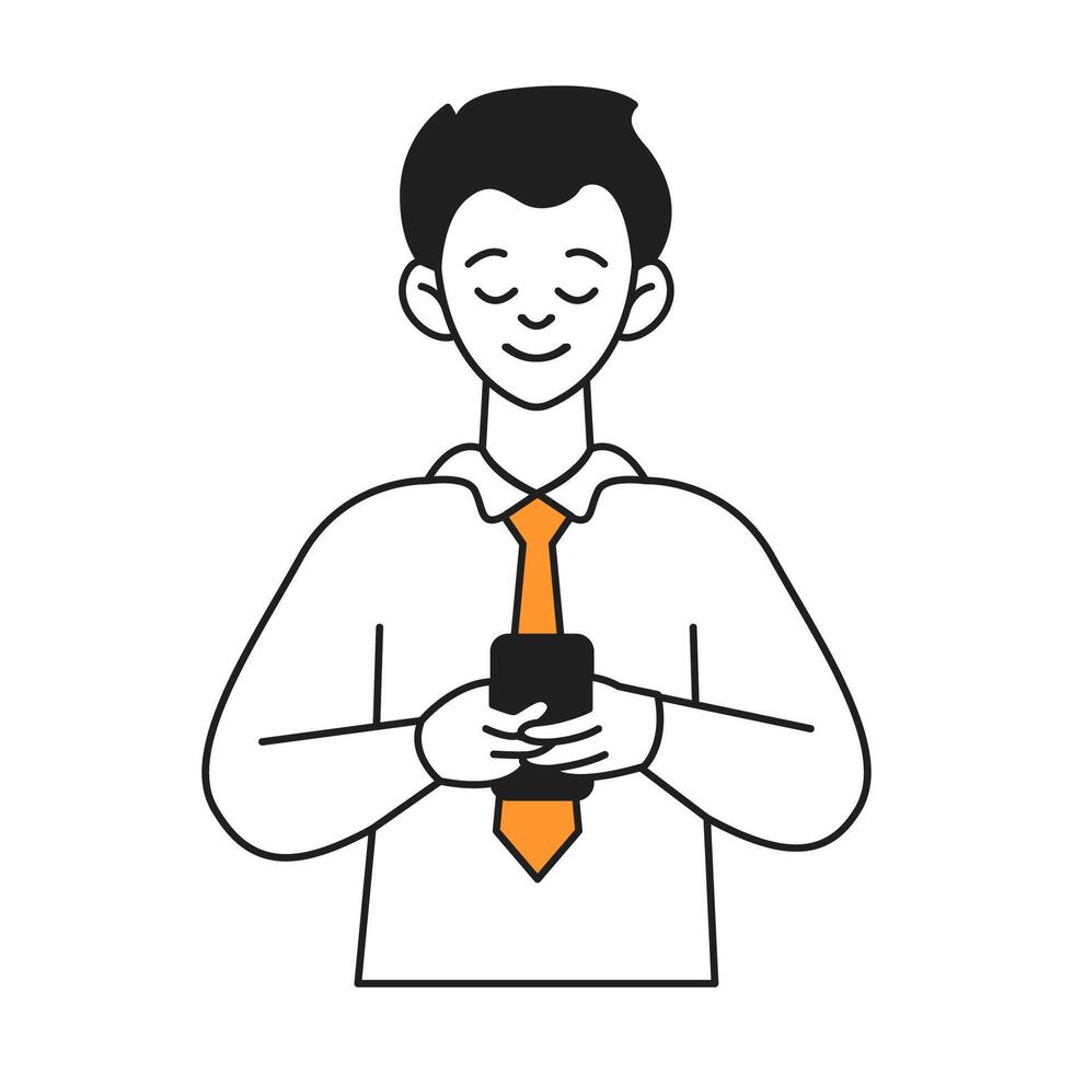 Businessman typing on smartphone line color icon. Brunet office employee using chat on mobile phone character illustration on white vector