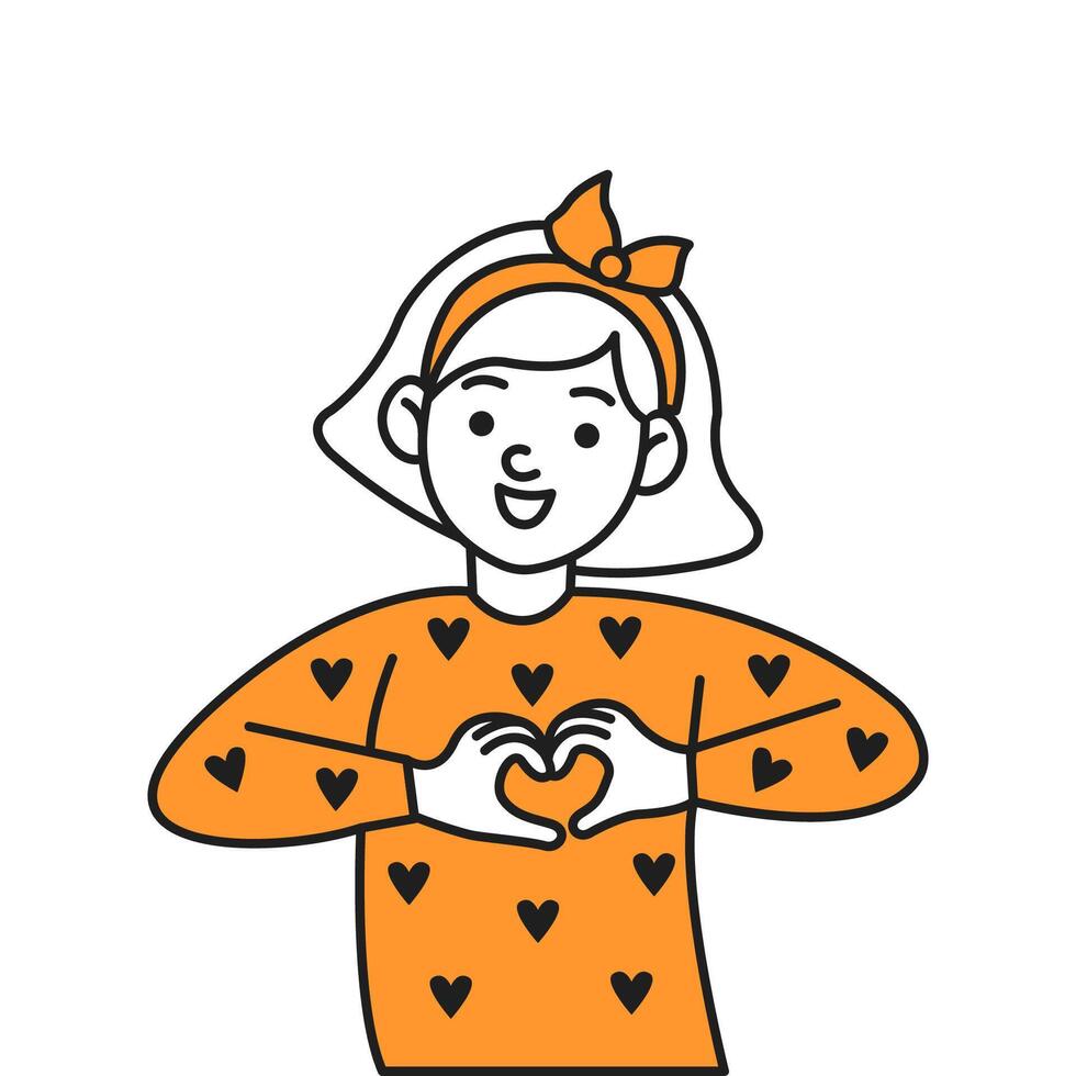 Smiling little girl making heart shape with hands color linear icon. Happy child radiating positive and love character doodle illustration vector