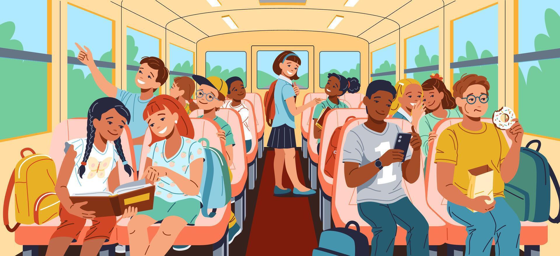 Happy multiracial students riding school bus flat illustration. Children in vehicle 2D characters cartoon background. Education scene image vector
