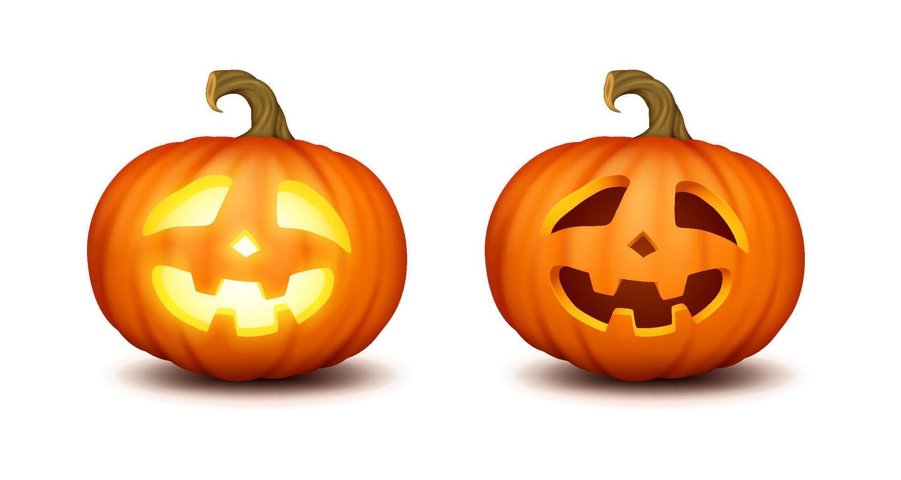 Carved happy pumpkins lit and dark realistic color icons set. Traditional Halloween decorations exuding spooky vibes 3d characters illustrations vector