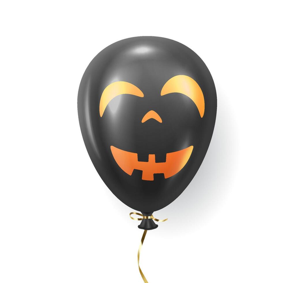 Black balloon with orange smiling jack-o-lantern face realistic illustration. Halloween design 3d object image on white background vector