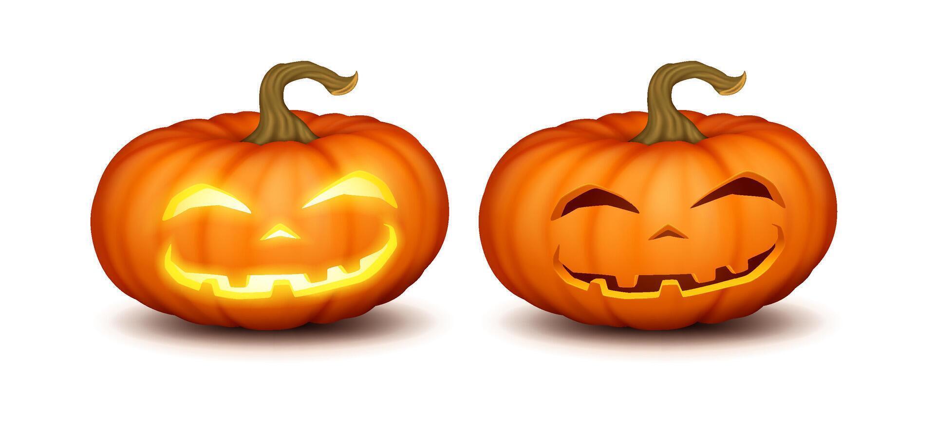 Craved pumpkins with light and shade realistic color icons set. Mischievous smiley faces for spooky Halloween 3d characters on white vector