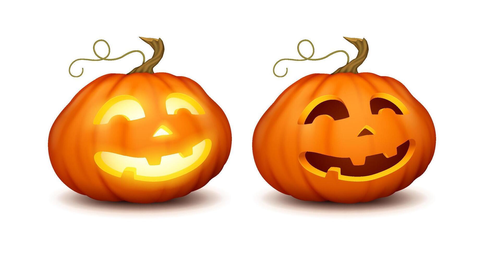 Jack-o-lantern with happy silly faces realistic color icons set. Carved pumpkin with warm light and shadow inside 3d characters illustrations vector