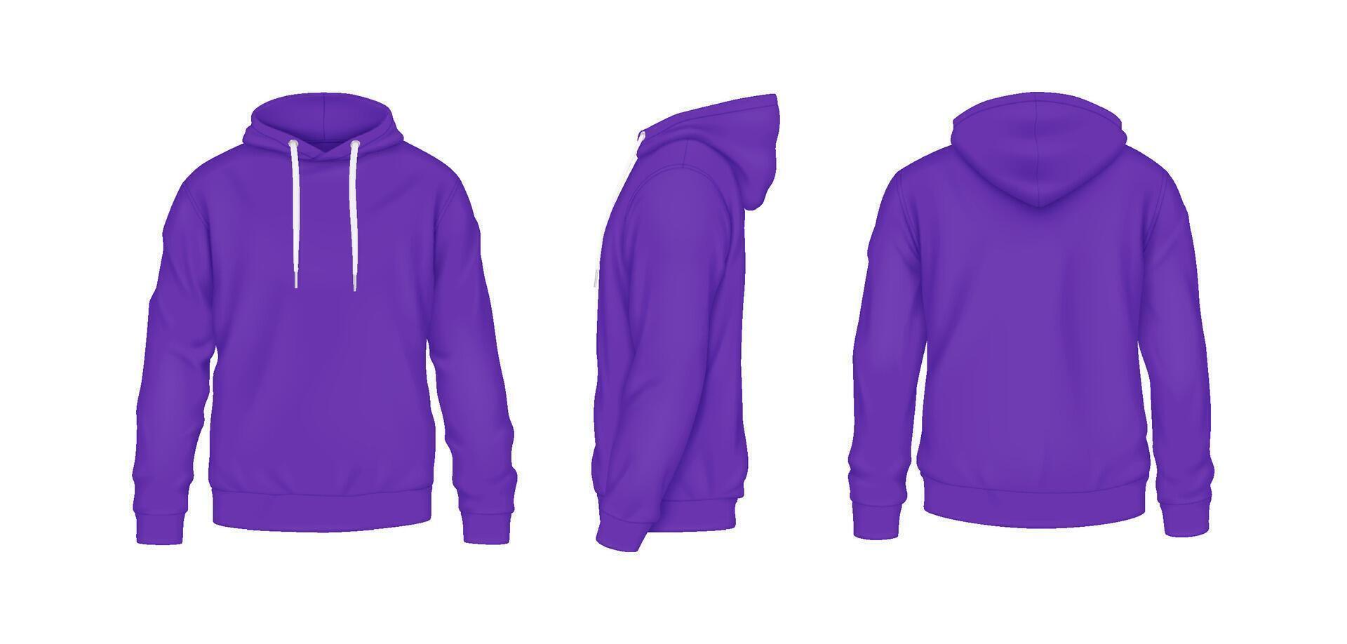 Purple cotton hoodies with logo mockup realistic illustration set. Colorful outfit with design template 3d models on white background vector