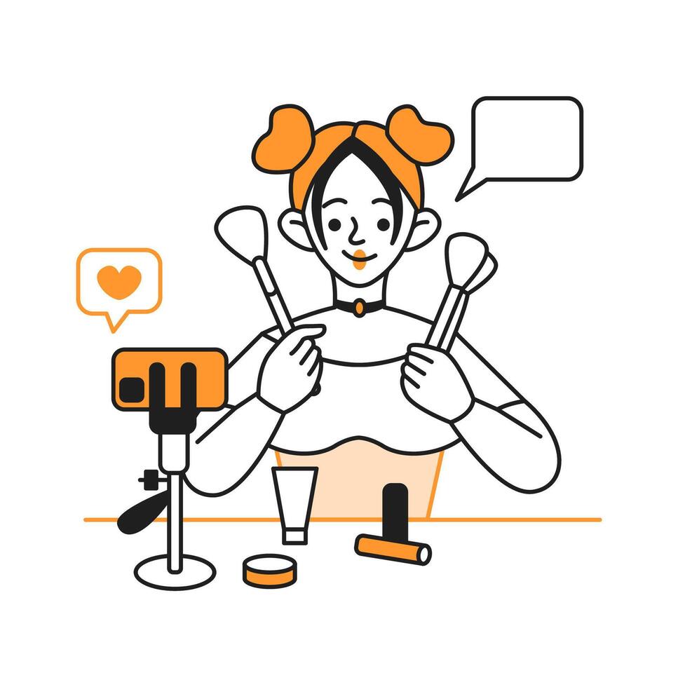 Young woman shows makeup tutorial during live stream. Happy beauty blogger educates online providing tips character illustration on white vector