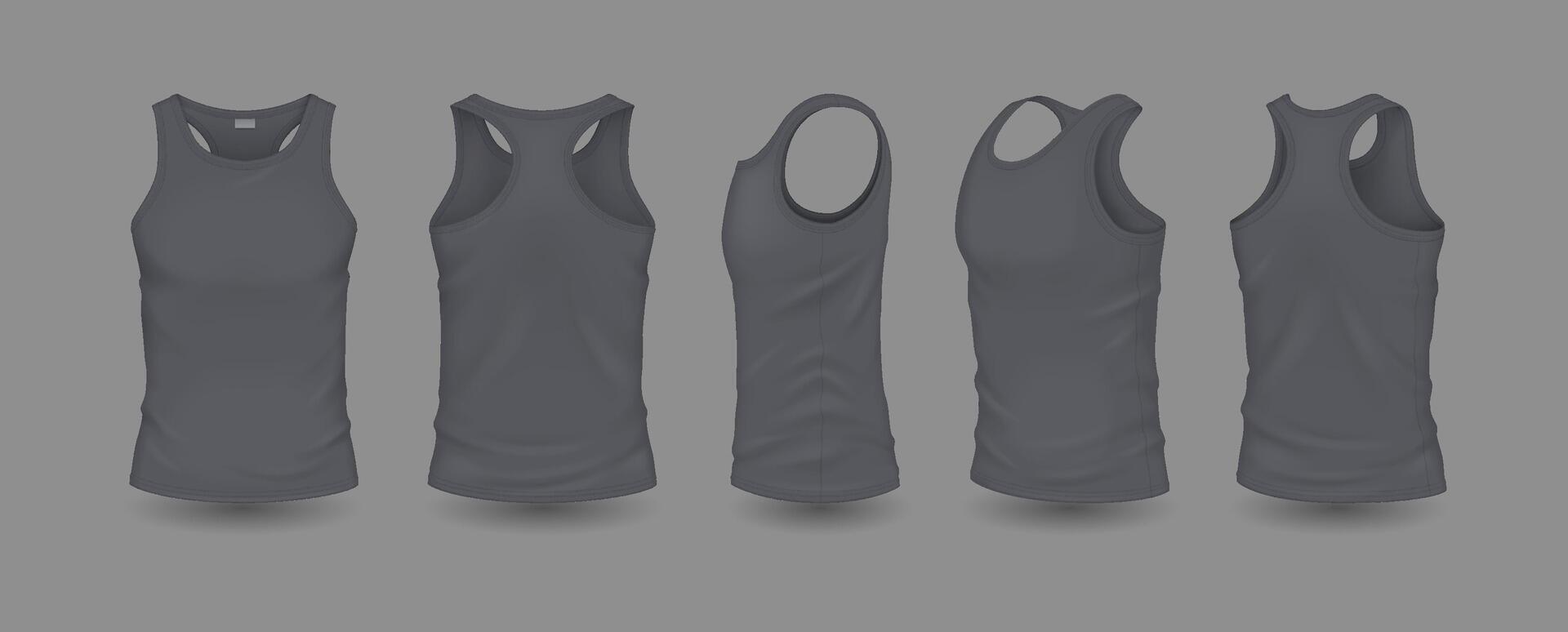Gray men sleeveless shirts with logo mockup realistic illustration set. Summer outfit with logo template 3d models on grey background vector