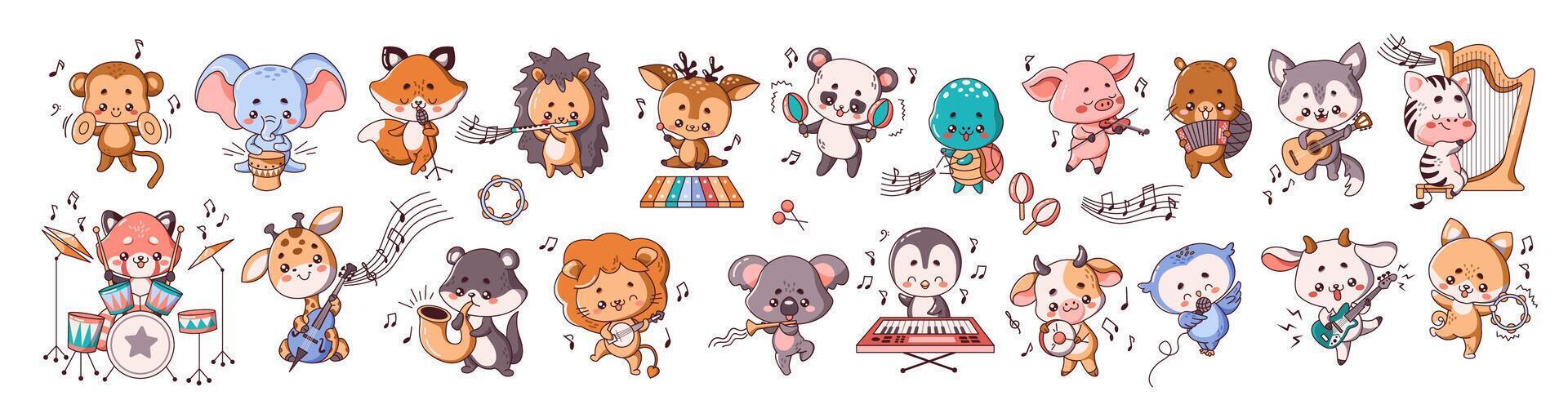 Kawai animals playing musical instruments flat color illustration set. Funny musicians performance icons on white background collection vector