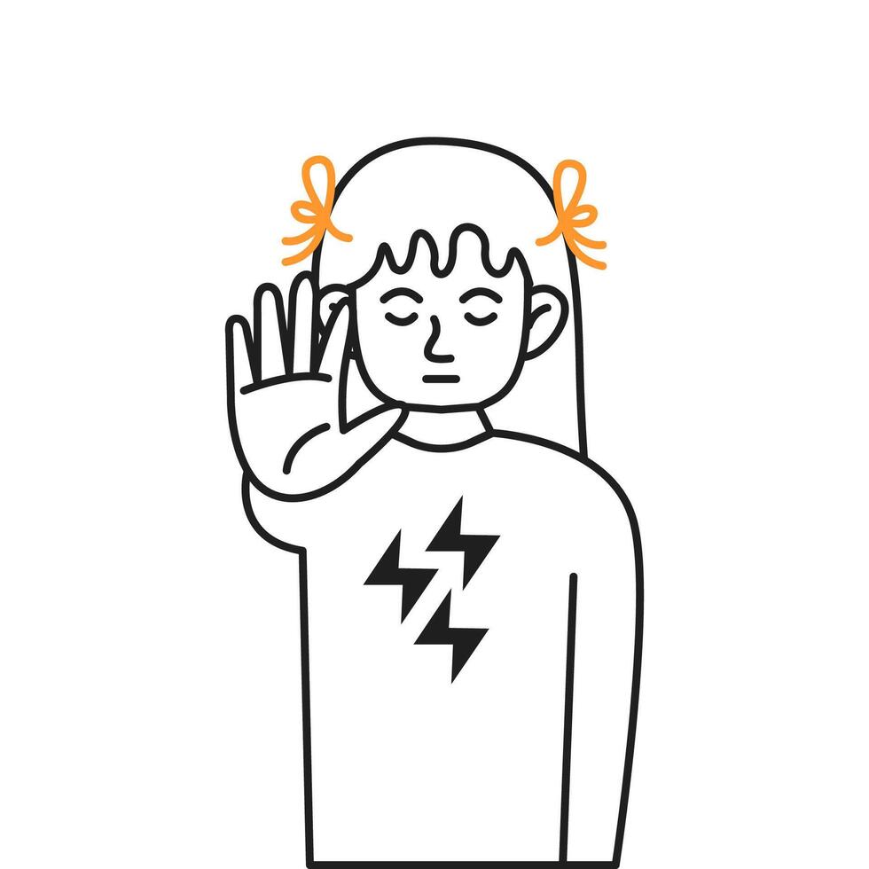 Little girl with closed eyes showing stop gesture color line icon. Child saying no to violence and discrimination character illustration vector