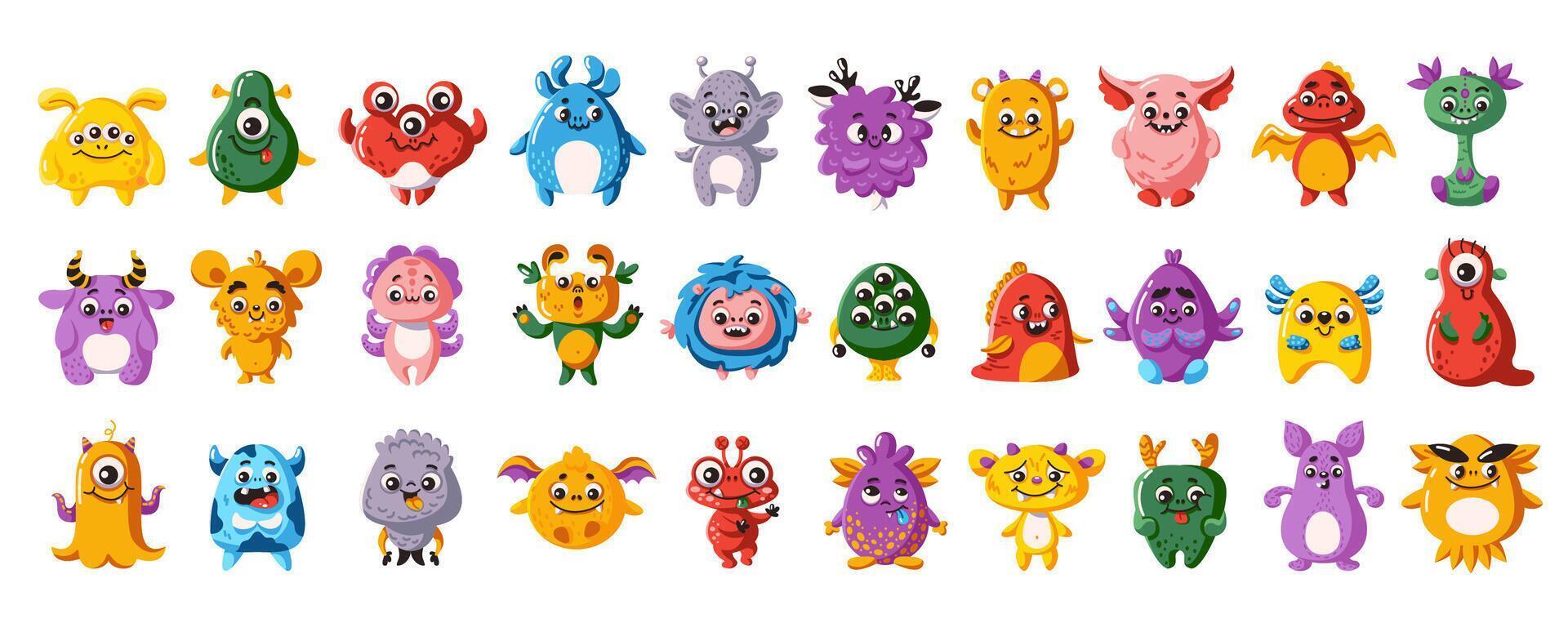Funny alien monsters characters flat color icon set. Weird little creatures from another dimension illustration icon pack on white vector