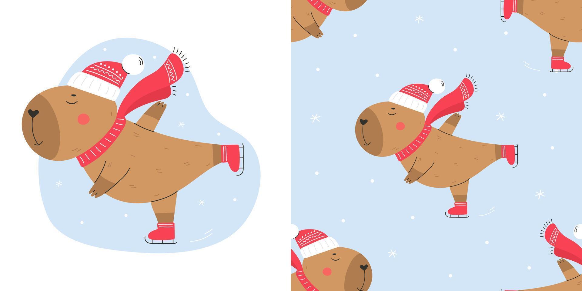 Seamless pattern with ice skating capybara vector