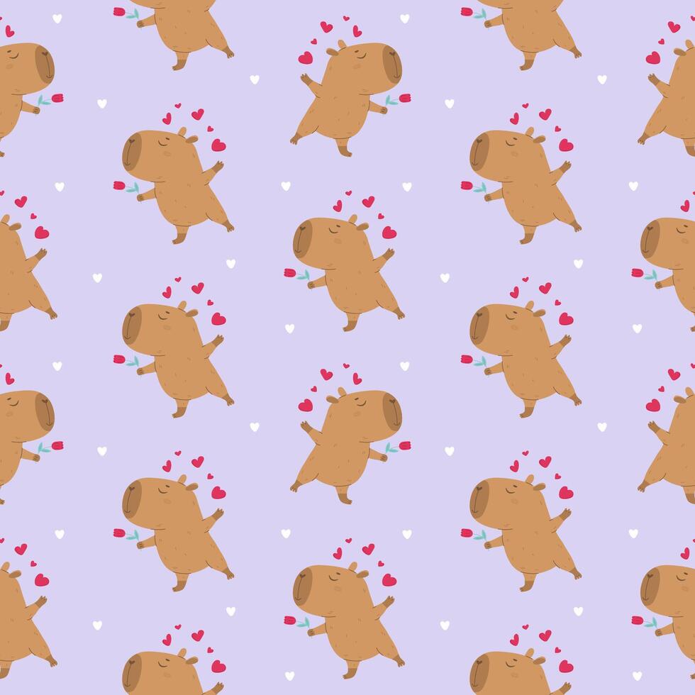 Lovely capybara with flower seamless pattern vector