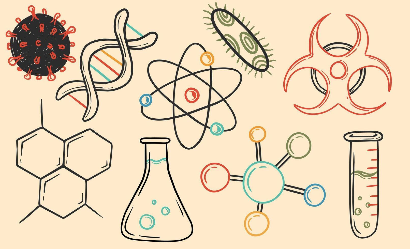 Hand drawn science editable stroke doodle outline color icons set. Laboratory, research, scientist, biology, experiment. Illustration. vector