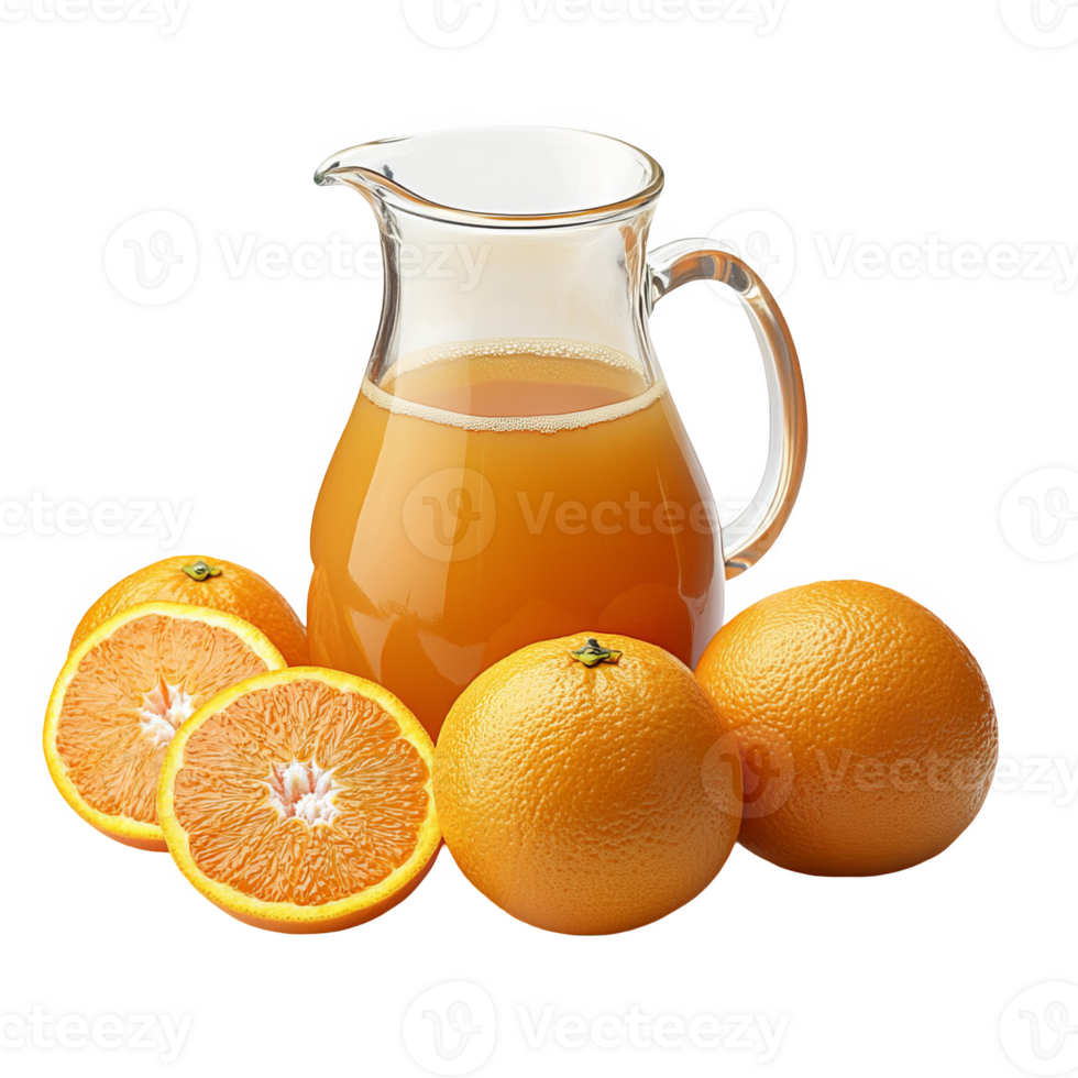 orange juice in jug with oranges beside transparent background png