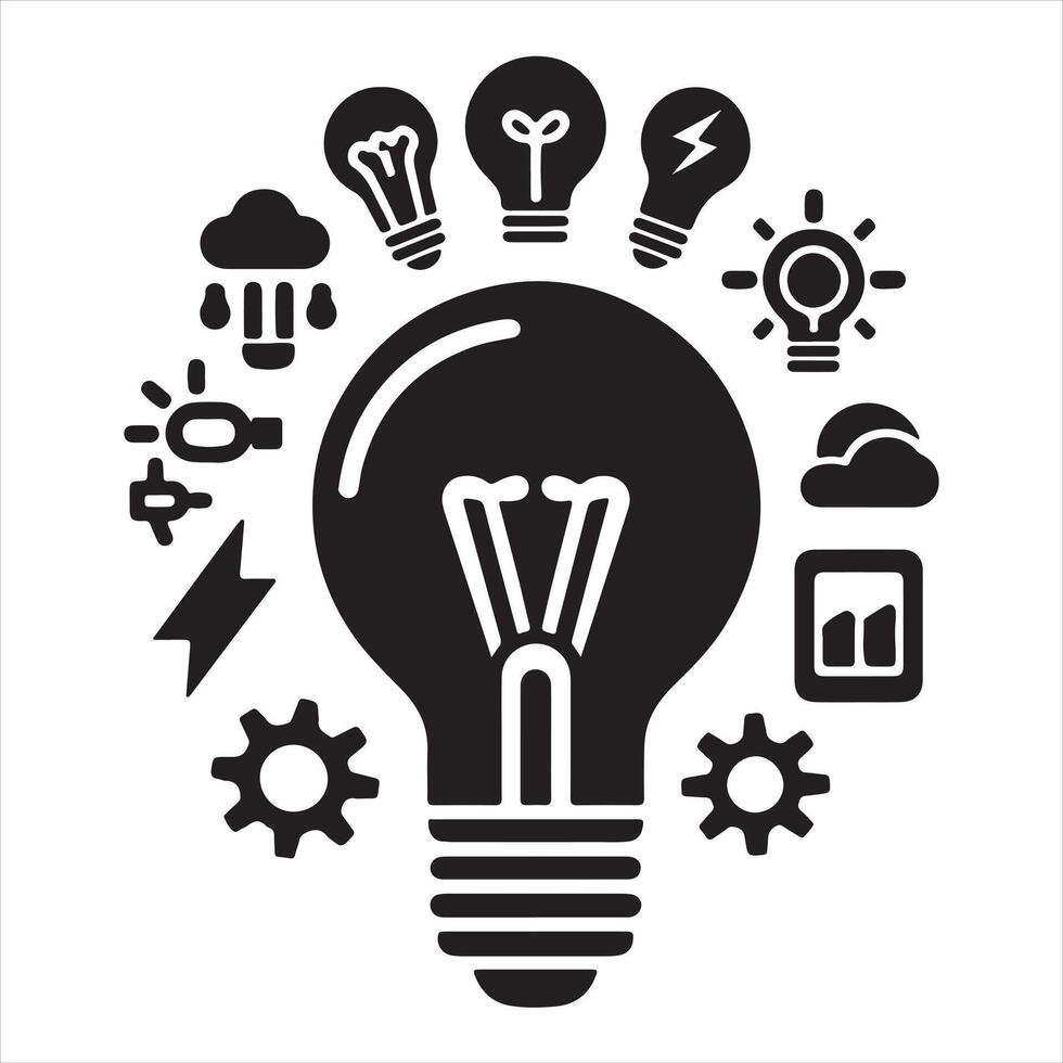 Light Bulb Icon Black and White silhouette on white background vector
