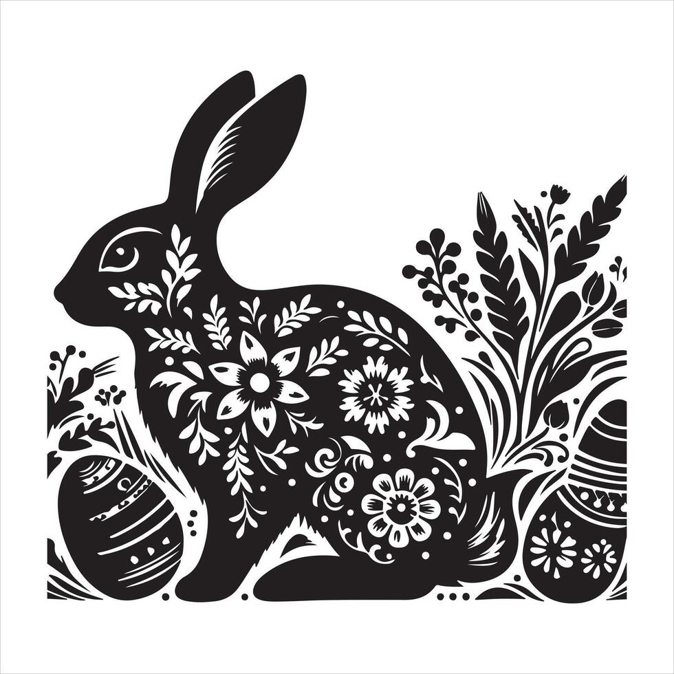 Rabbit in folk art black and white silhouette silhouette on white background vector