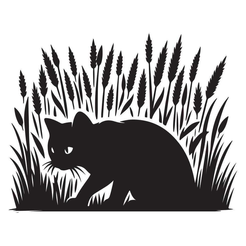 Black silhouette of a cat peeking out from a tall grass patch vector