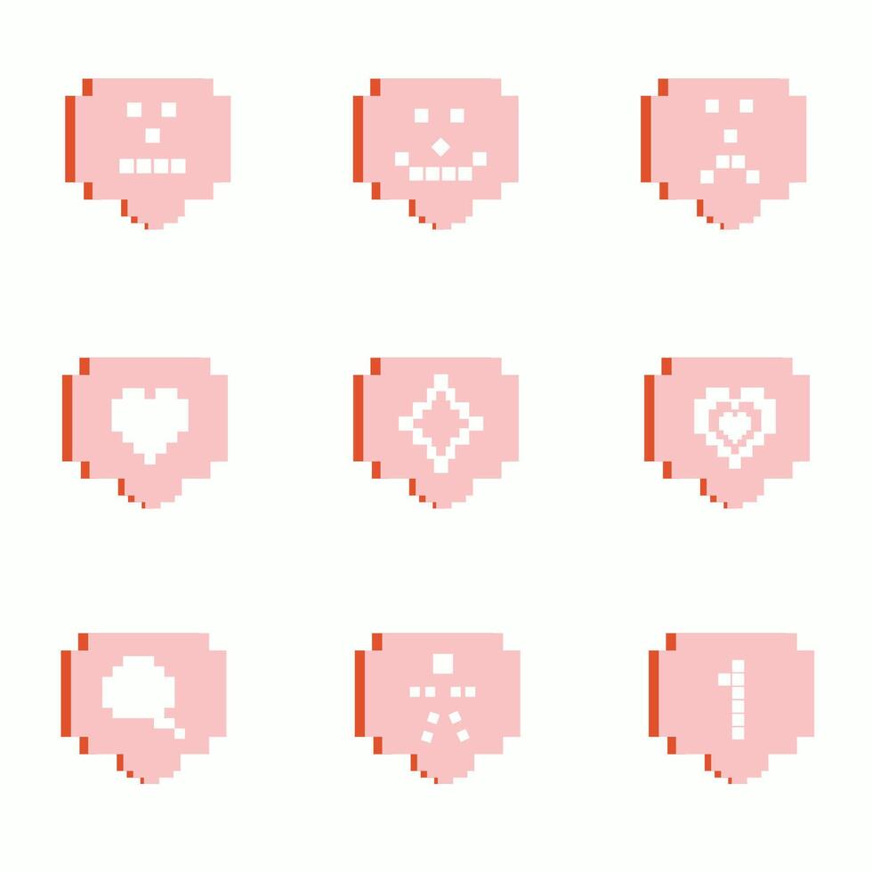 Pixelated pink cloud icons. Social media notification design elements. Isometric buttons set for blog, web, app, poster. vector