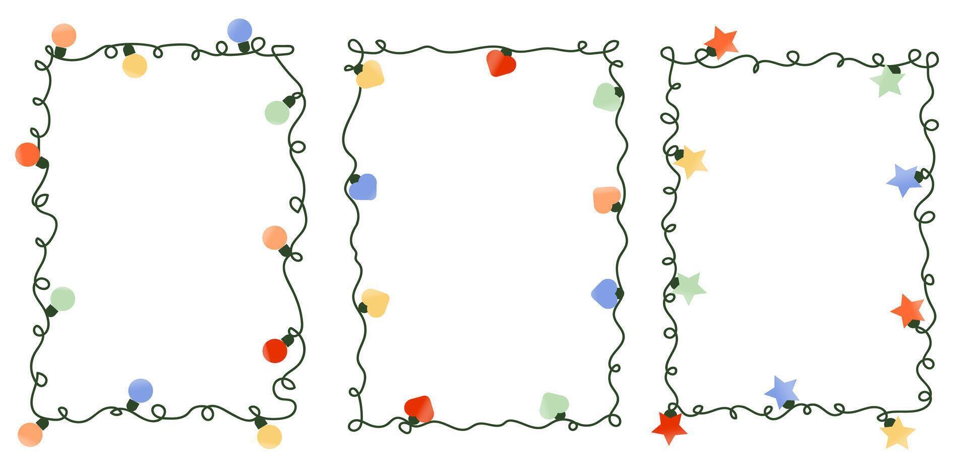 Set of elegant frame templates with garland lights. Colorful light bulbs on a white rope. Each one isolated on transparent background. Graphic elements for web design, social media, card, poster. vector
