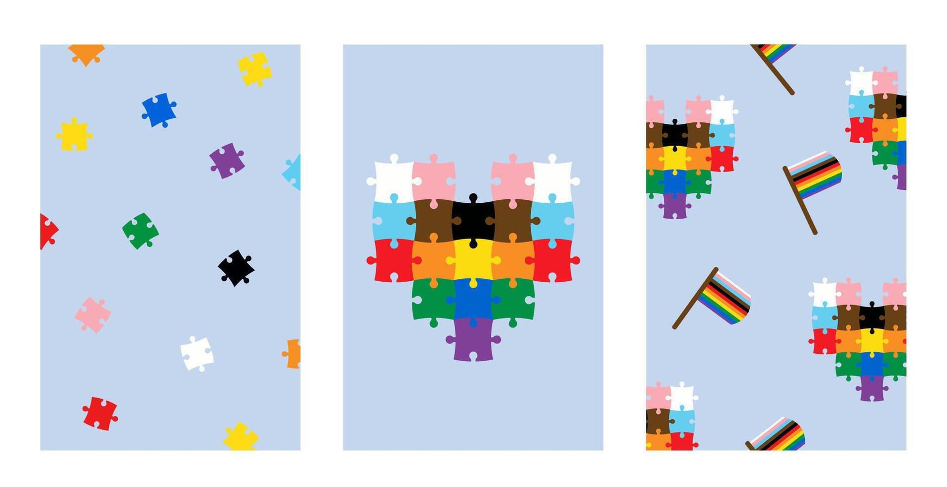 Set of lgbtqia posters on blue background. Proud month creative templates with puzzled hearts and colorful flags vector